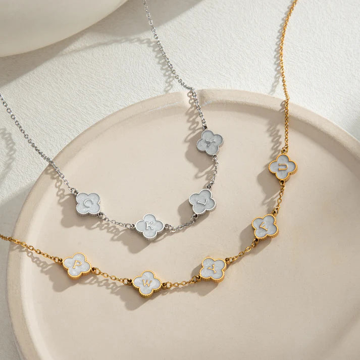 Custom Mother of Pearl Clover Letter Necklaces and necklace sets