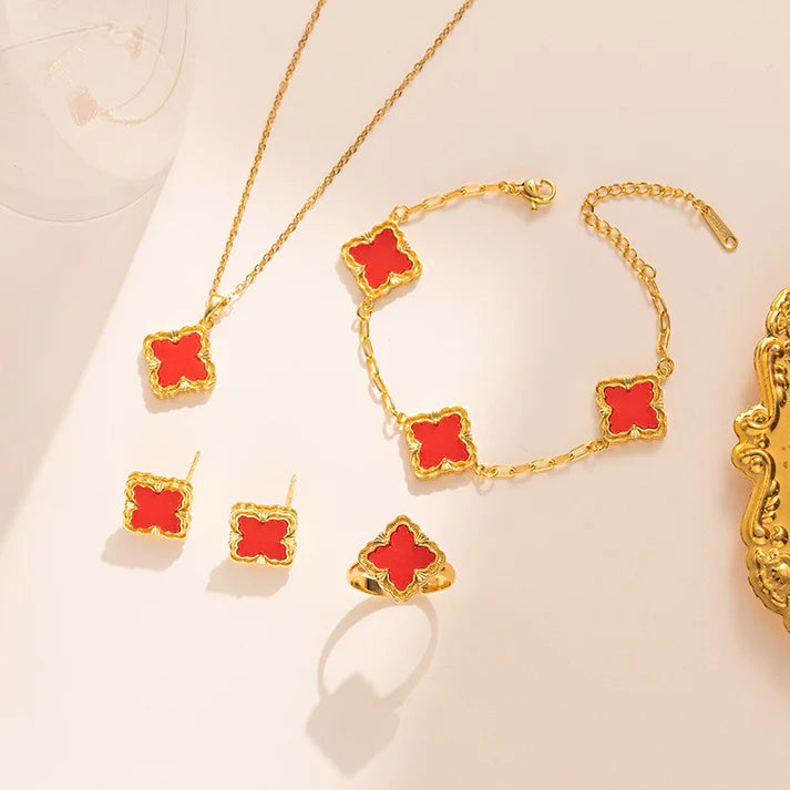 18k gold rhombus-shaped four-leaf clover necklace, bracelet, earrings, and ring set