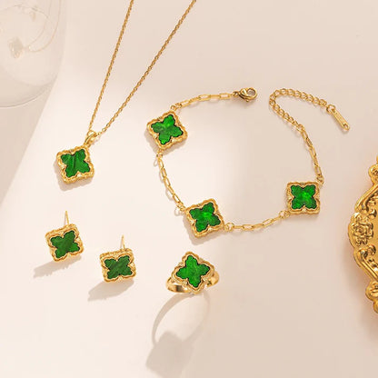 18k gold rhombus-shaped four-leaf clover necklace, bracelet, earrings, and ring set