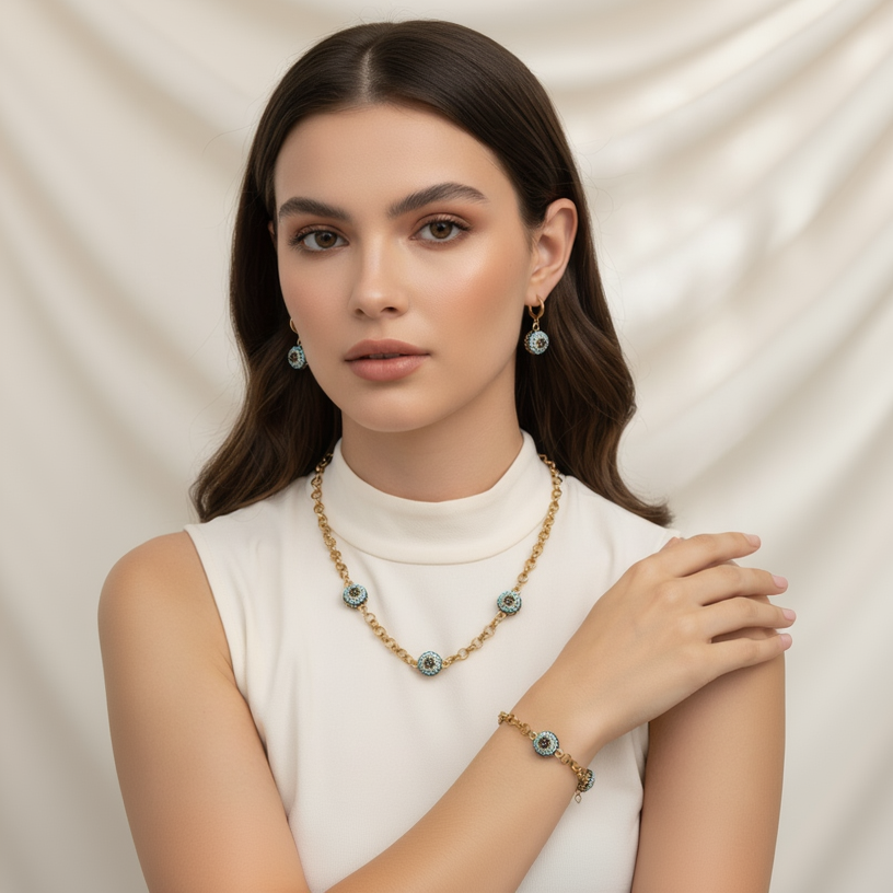 Bohemian Evil Eye Necklace Bracelet and Earring Set