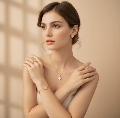 18k gold rhombus-shaped four-leaf clover necklace, bracelet, earrings, and ring set
