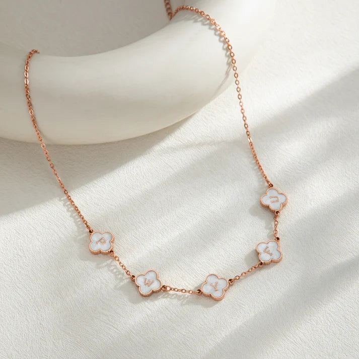 Custom Mother of Pearl Clover Letter Necklaces and necklace sets