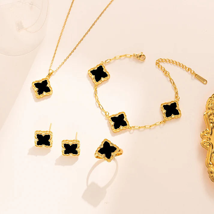 18k gold rhombus-shaped four-leaf clover necklace, bracelet, earrings, and ring set