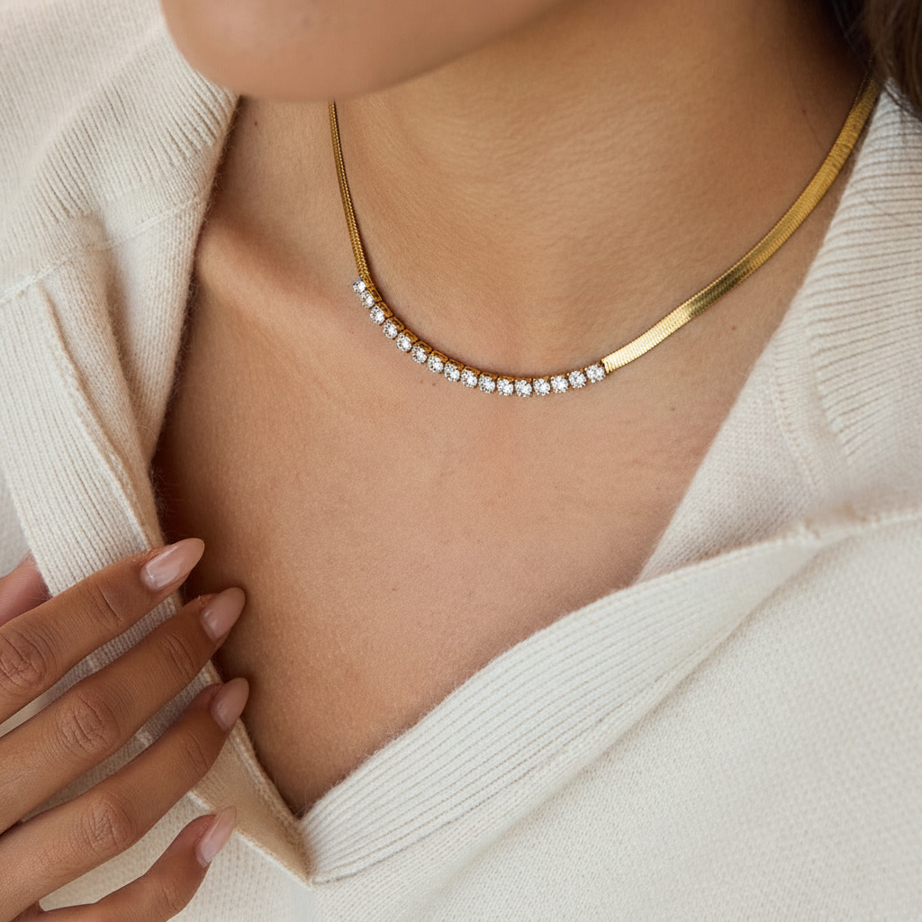 Rhinestone Necklace Titanium Steel Gold