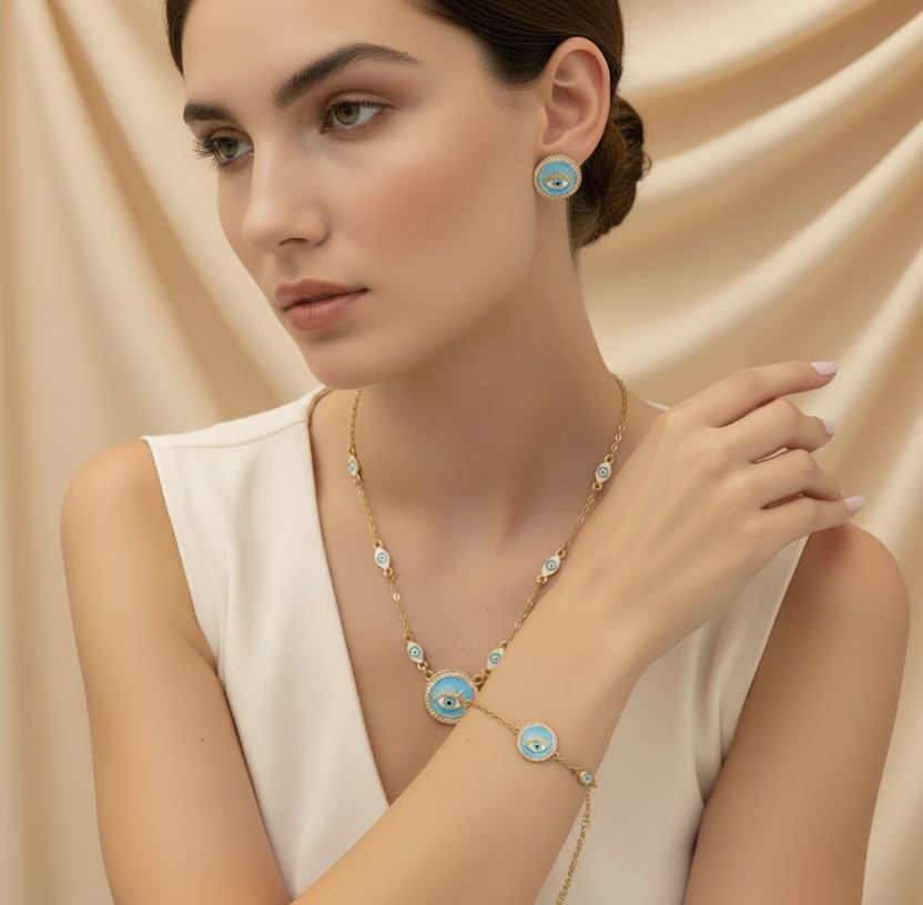 Bohemian Evil Eye Necklace, Bracelet and Earring Set