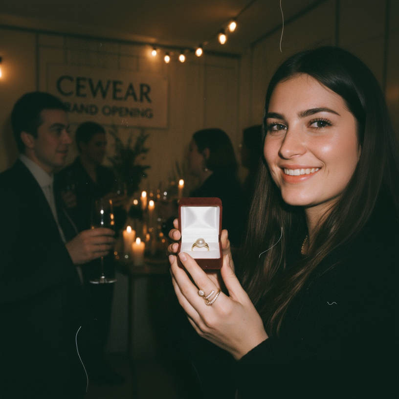 Vrouw met jewelry box en pearl ring